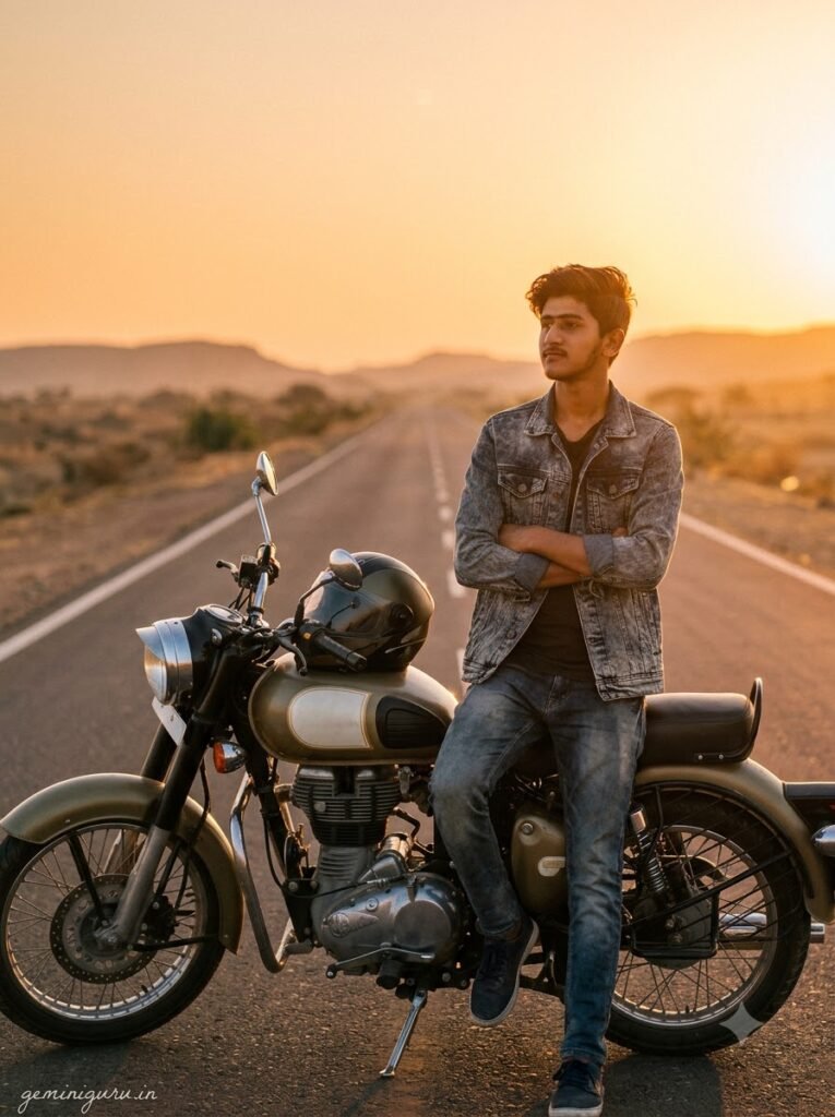 Rider standing beside a classic motorcycle on an empty highway at sunset
