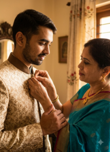 Mother adjusting her adult son's collar in a warm candid portrait