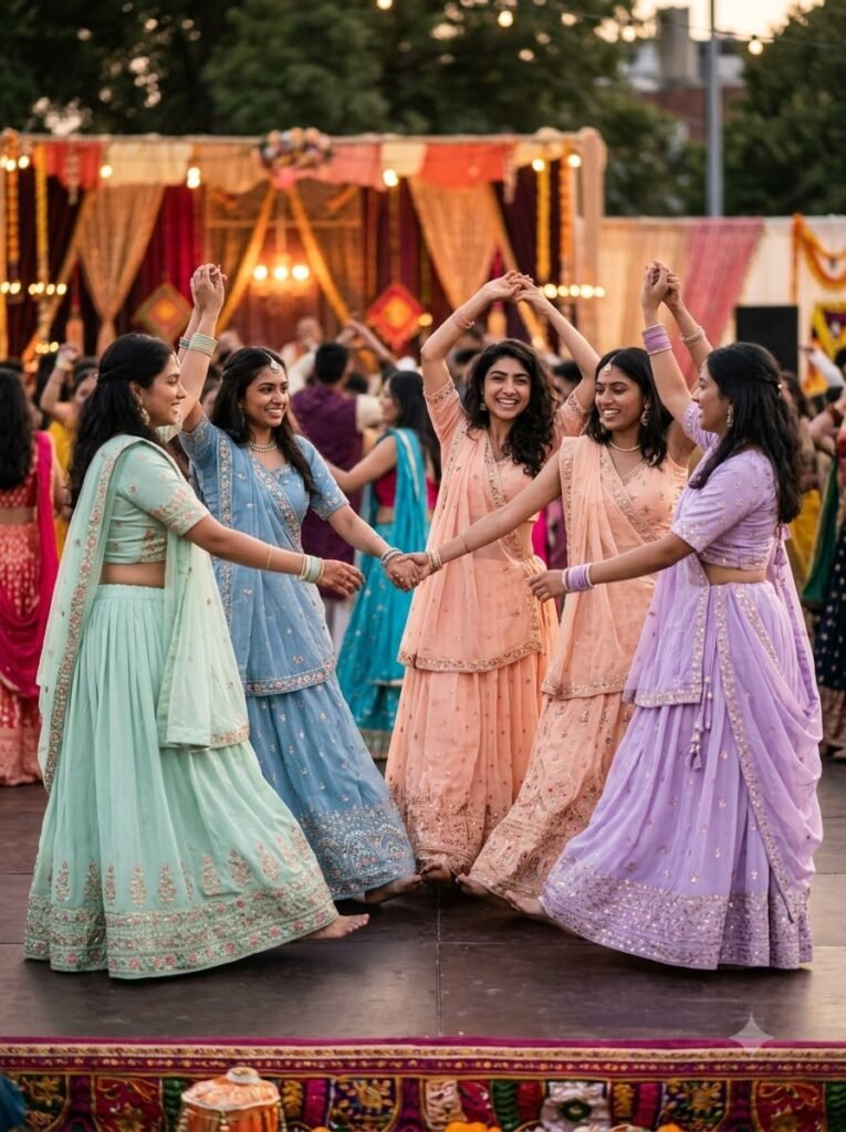 Six women in pastel chaniya cholis performing a coordinated garba step in a circle