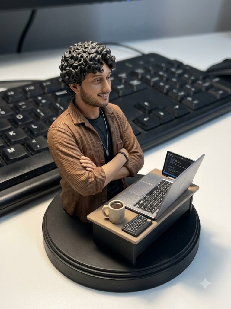 Software developer miniature figurine seated at a tiny laptop beside a real keyboard