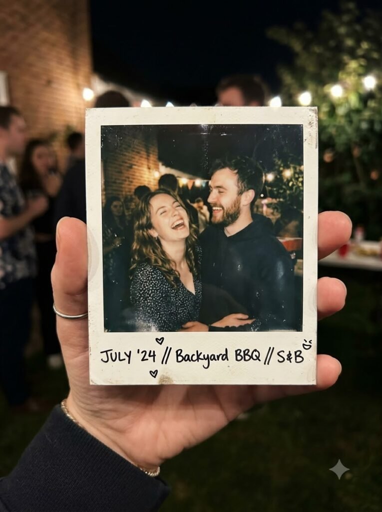 Gemini Polaroid photo prompt example with direct flash, film grain and white border
