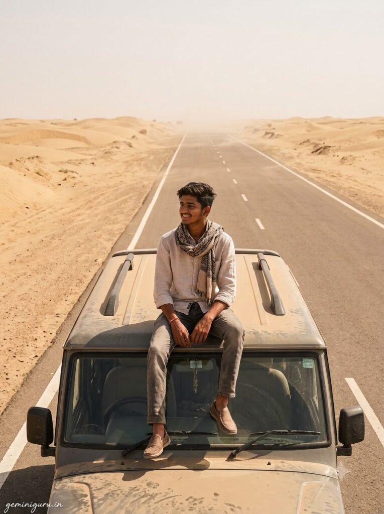 Person sitting on a dusty SUV on a long desert highway