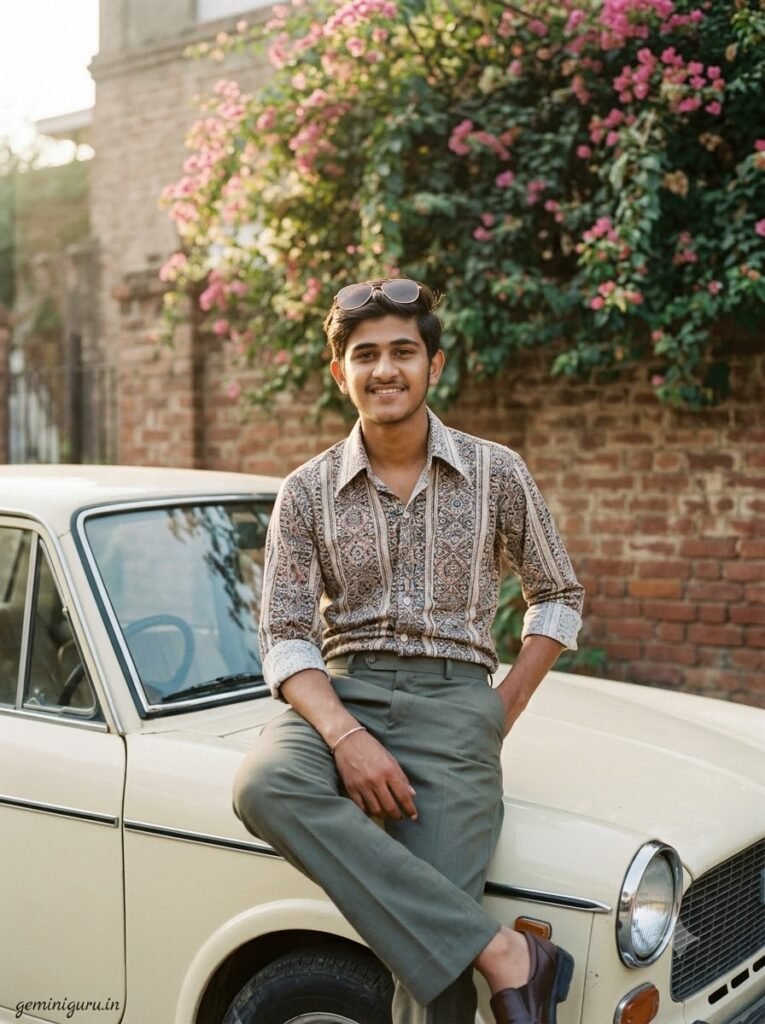 Person sitting on a cream vintage car outside a colonial-style bungalow