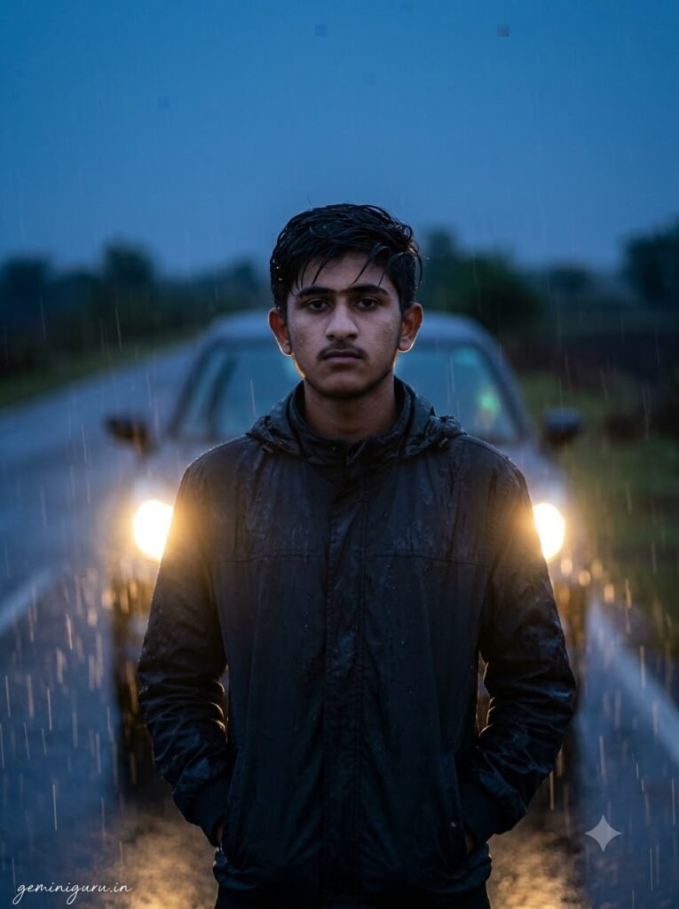Person standing in light rain in front of a car with illuminated headlights