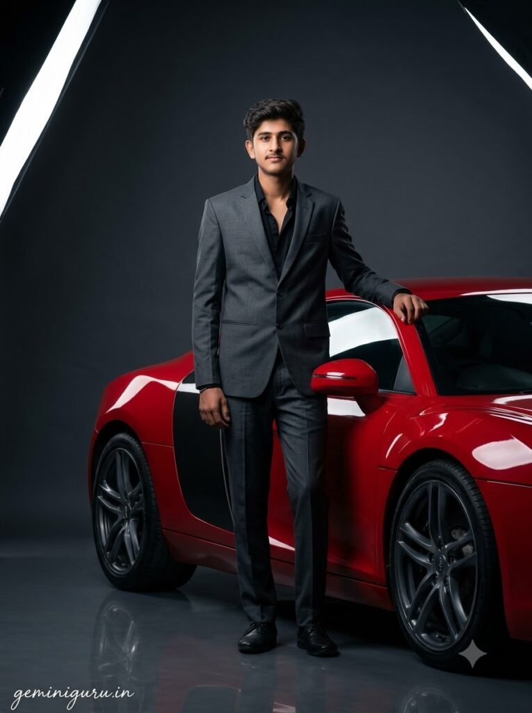 Person in a tailored suit standing beside a red sports car in a dark studio