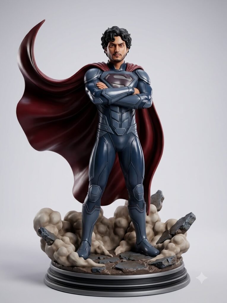 Dynamic superhero-inspired display figurine in an action pose on a sculpted base