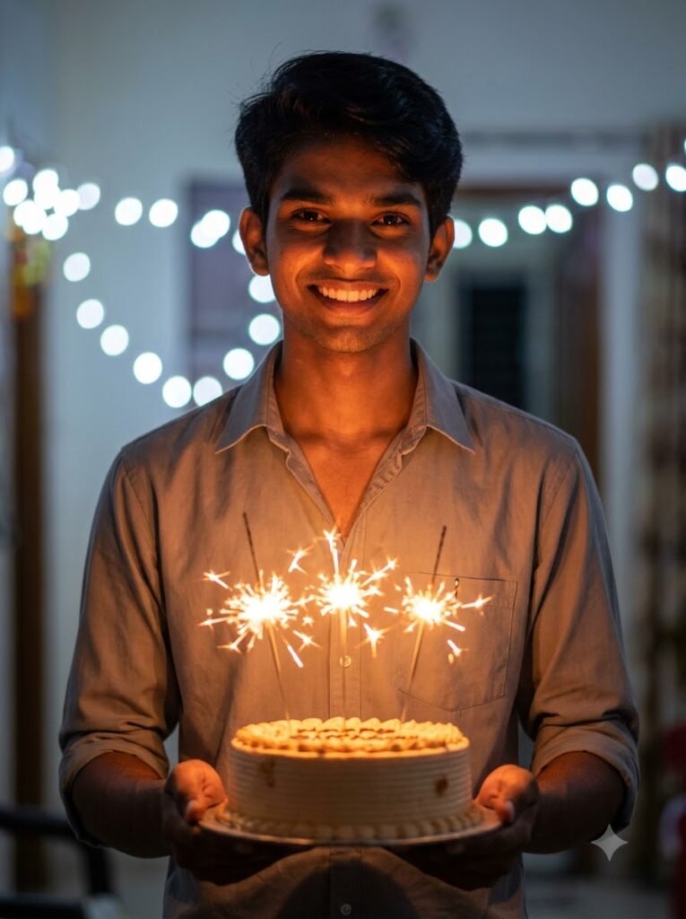Teenage boy holding a birthday cake with sparkler candles
