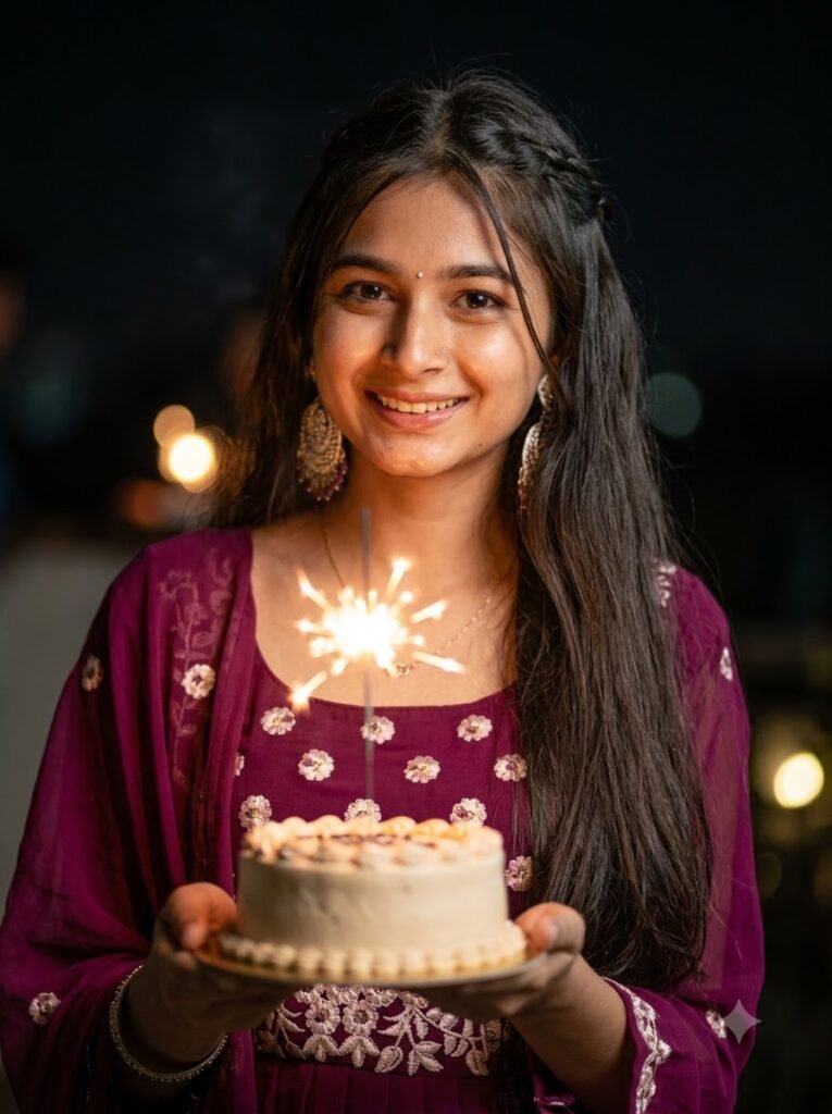 Teenage girl holding a small birthday cake with a sparkler