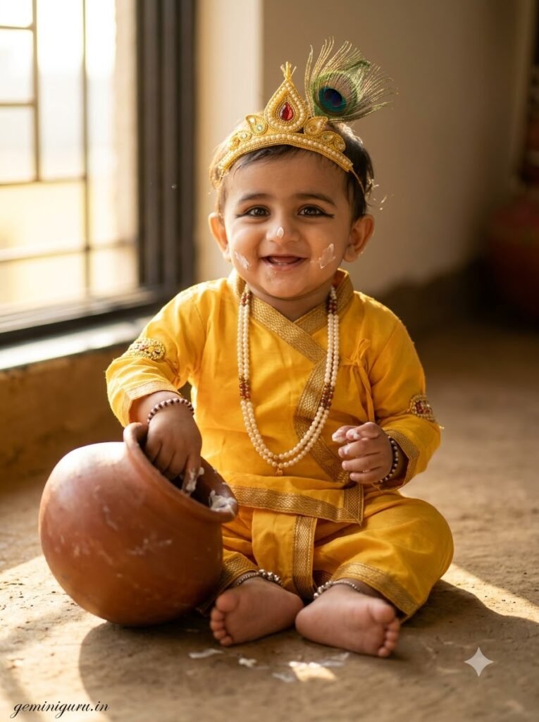 Toddler dressed as little Krishna beside a butter pot for Janmashtami