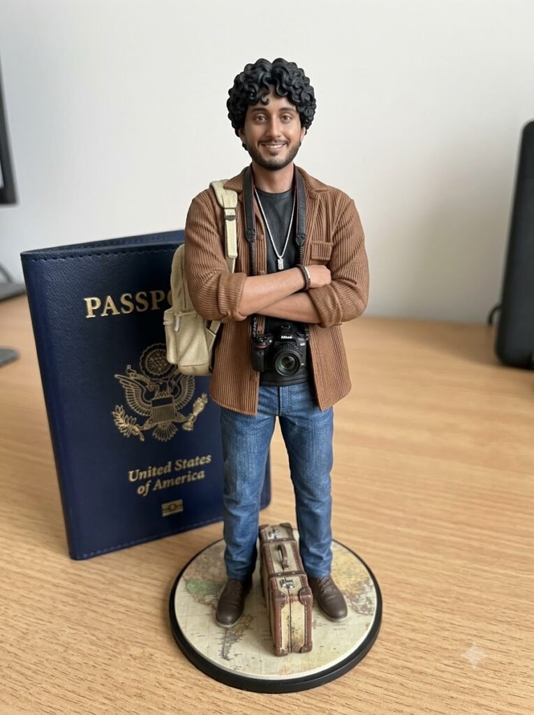 Travel creator figurine with a backpack, camera and miniature suitcase on a map-themed base
