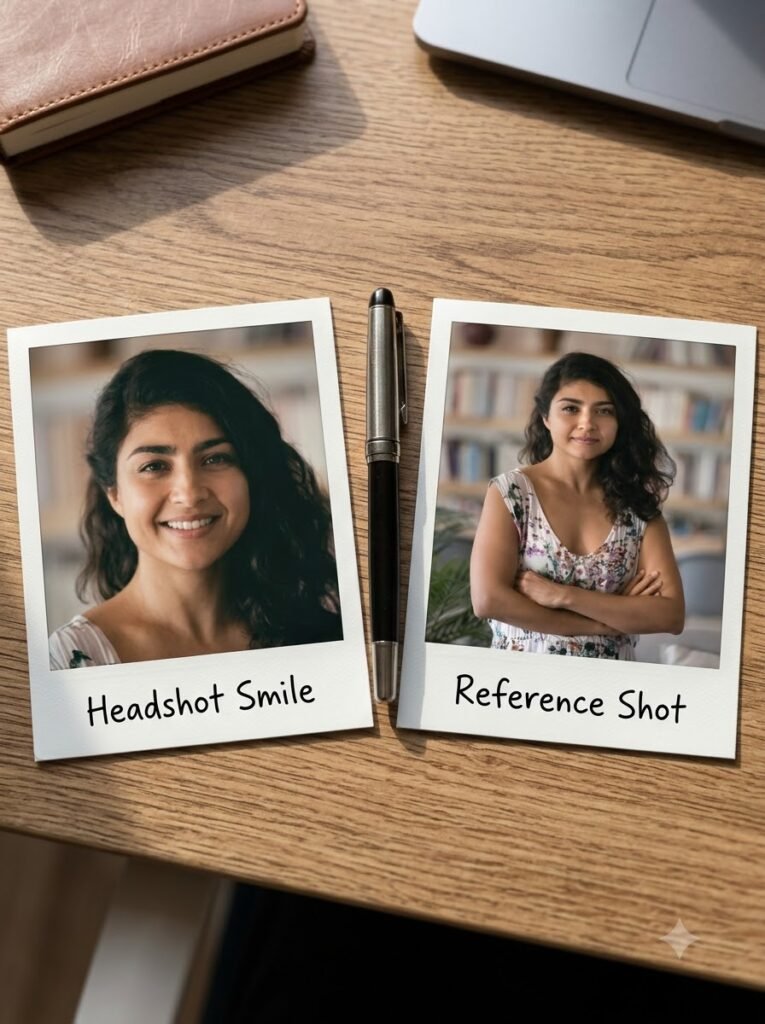 Two Polaroid-style photos laid side by side on a desk