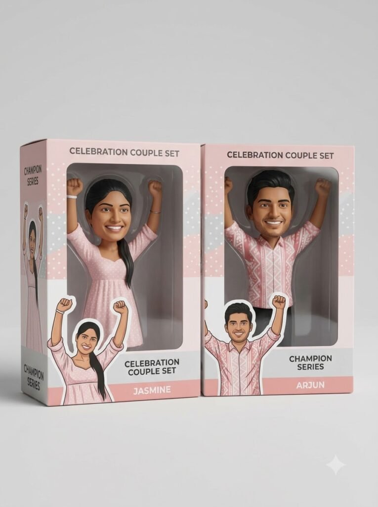 Two matching boxed figurines displayed side by side as a coordinated couple set