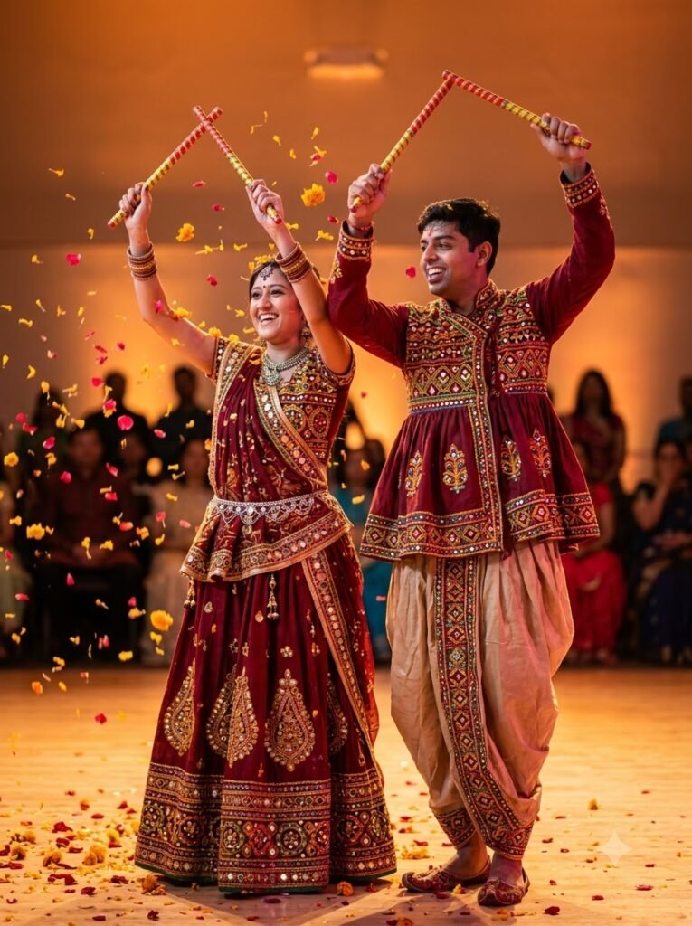 Two friends posing with dandiya sticks in traditional Gujarati outfits at a Navratri event