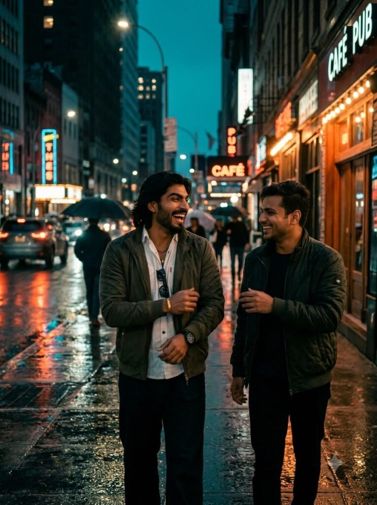 Gemini prompt generator example showing two friends walking on a rainy neon city street