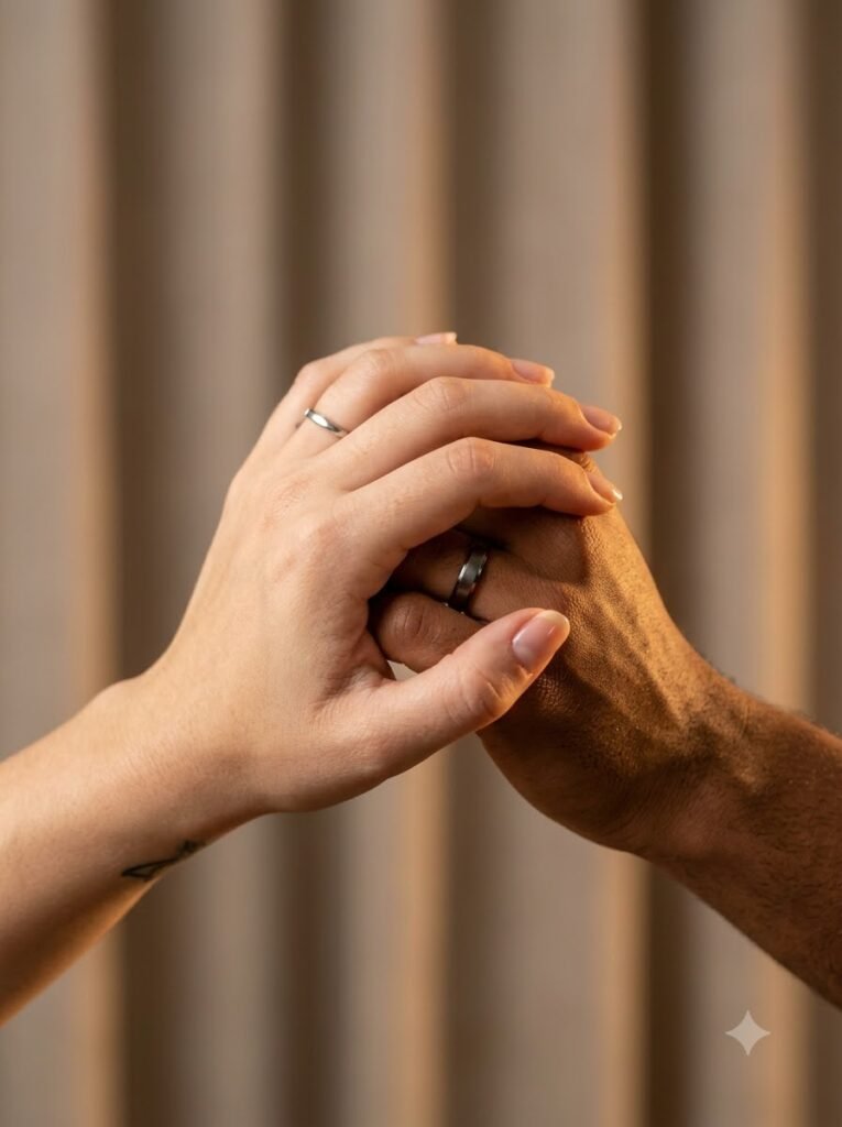 Close-up of two intertwined hands beside a softly blurred curtain