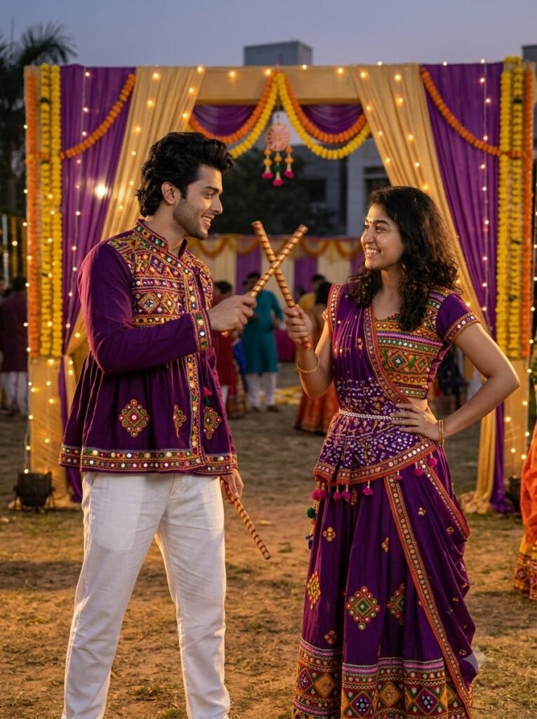 Two people dancing dandiya in coordinated purple Gujarati outfits under festival lights