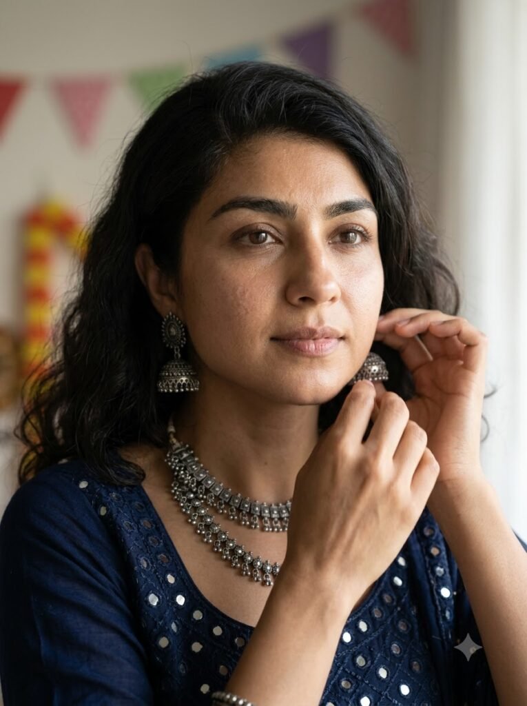 Woman adjusting oxidised silver jewellery with a navy blue chaniya choli for Navratri