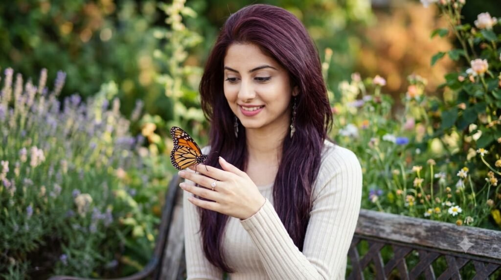 Woman holding a real monarch butterfly on her outstretched hand in natural daylight