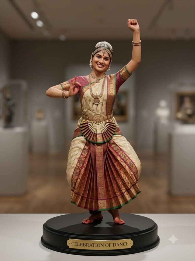 Painted resin statue-style figurine of a woman in traditional attire in a dance pose