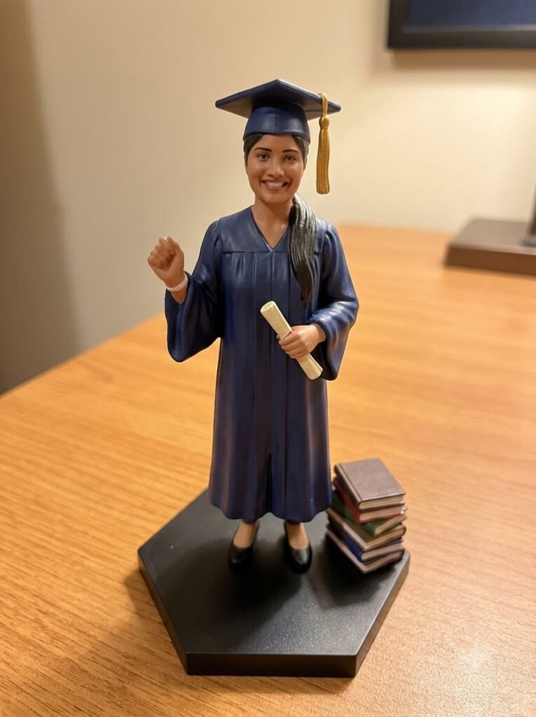 Graduation miniature figurine holding a diploma and standing on a desk beside books