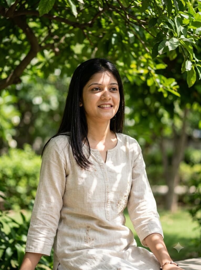 Woman in a linen kurti under dappled natural shade