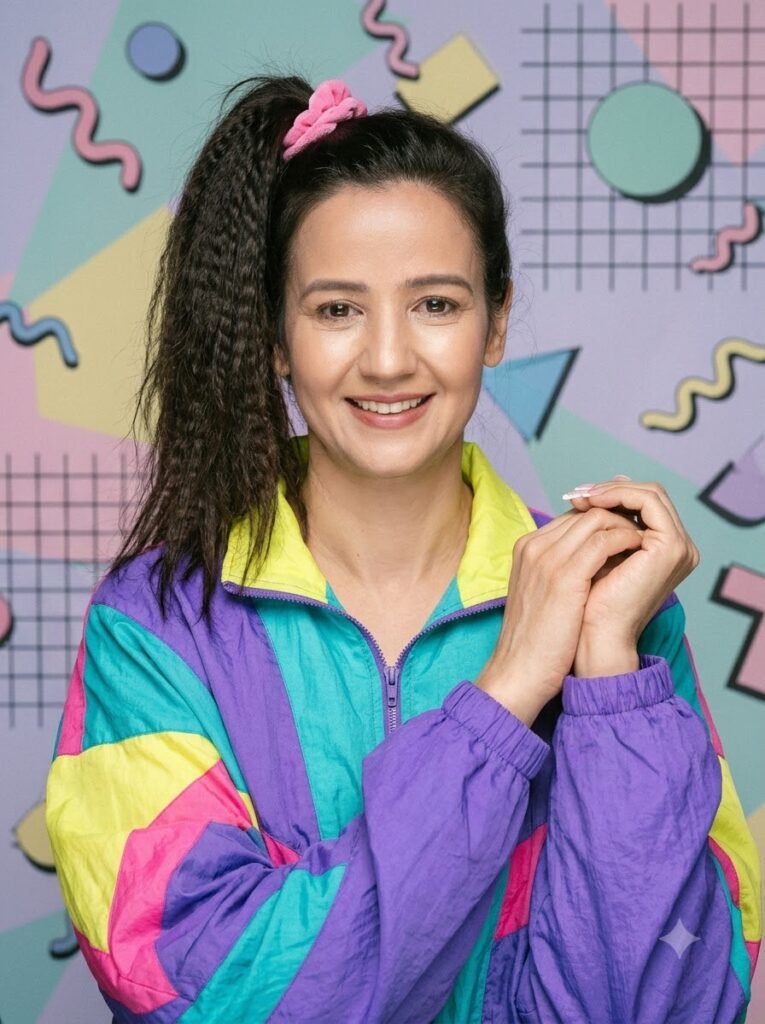 1980s portrait of a woman with a side ponytail and neon windbreaker