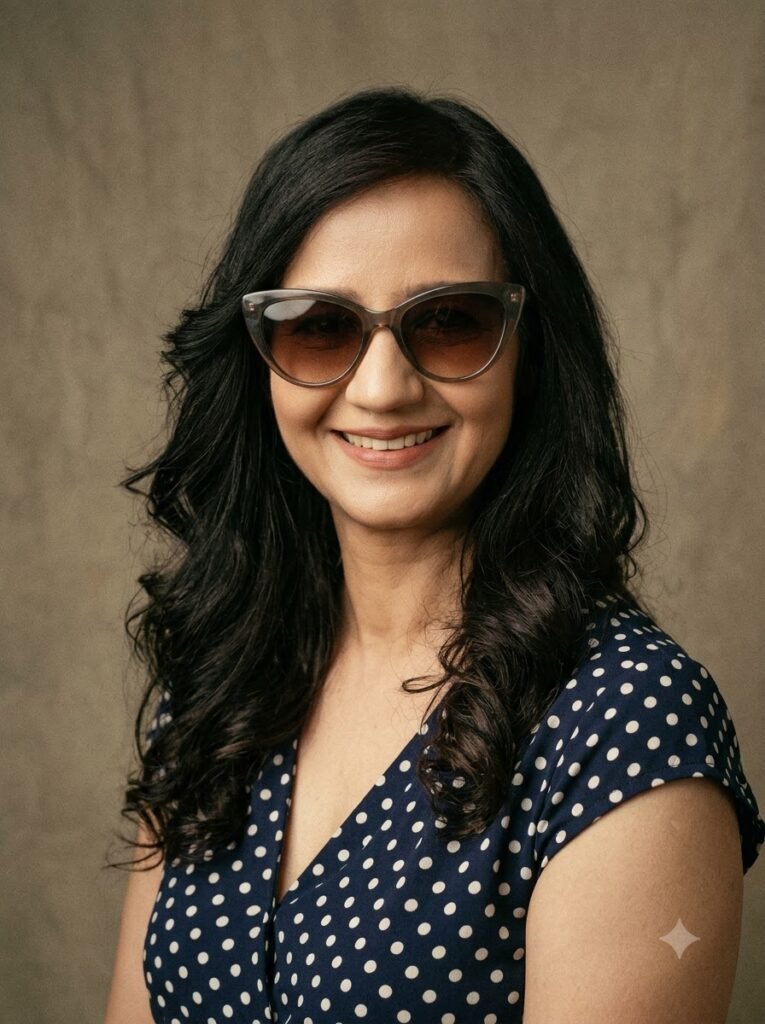 1970s retro studio portrait of a woman wearing cat-eye sunglasses