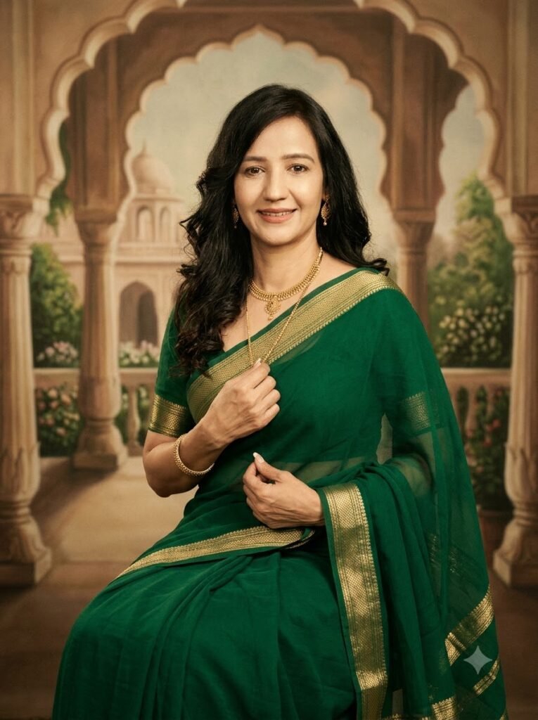 Vintage Bollywood studio portrait of a woman in a chiffon saree