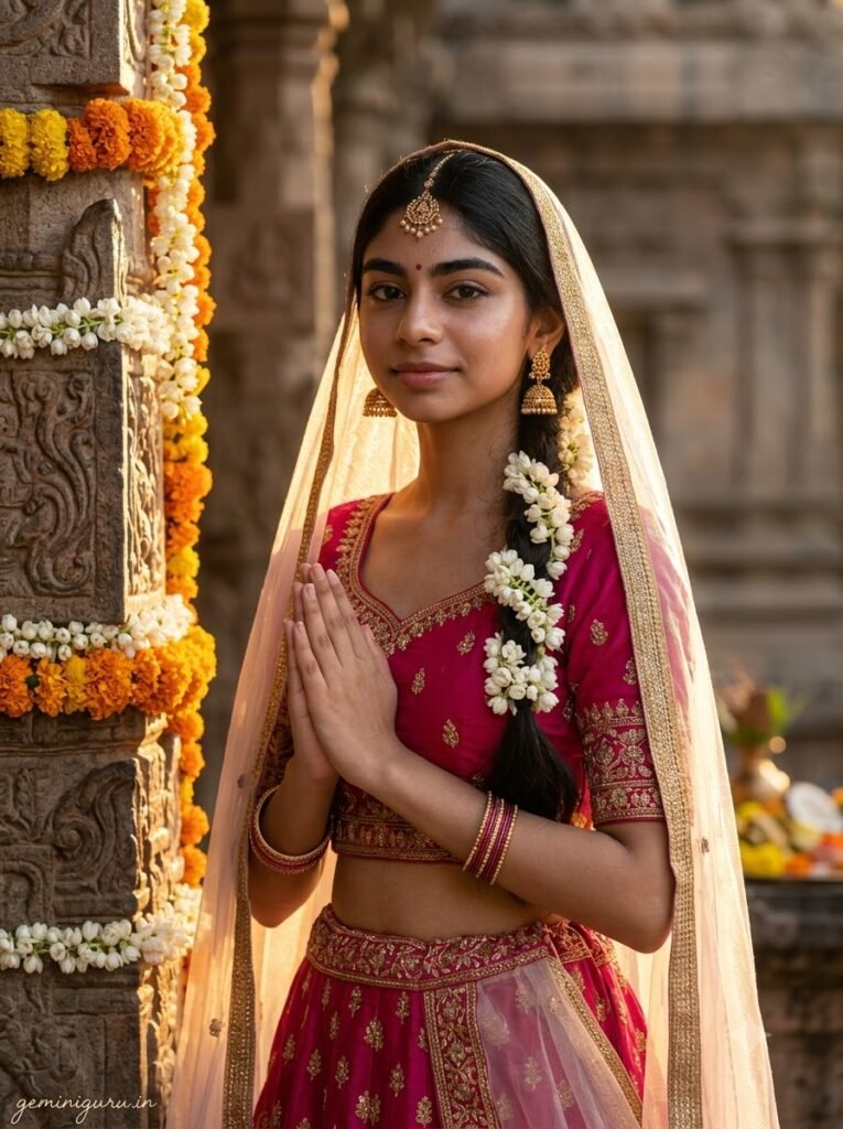 Girl in a Radha-inspired pink and gold outfit for a Janmashtami portrait