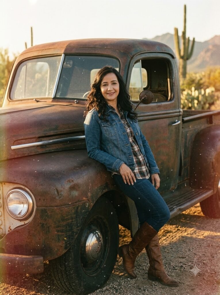 Vintage western portrait of a woman leaning against an old car
