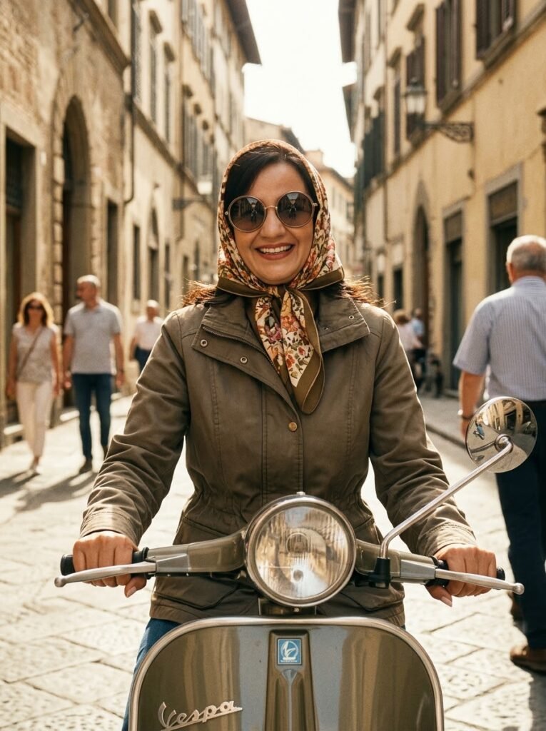 1970s retro portrait of a woman on a scooter with sunglasses and headscarf