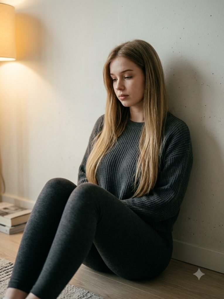 Woman seated on the floor against a plain wall in warm cinematic light