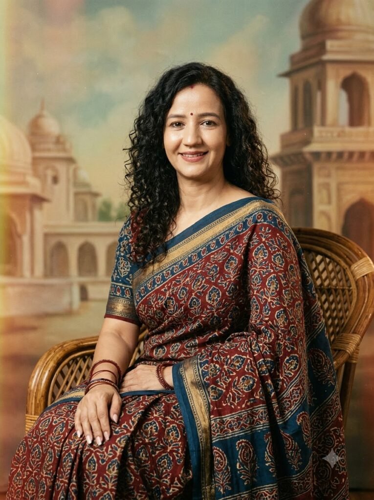 Retro Indian portrait of a woman in a printed cotton saree seated on a cane chair