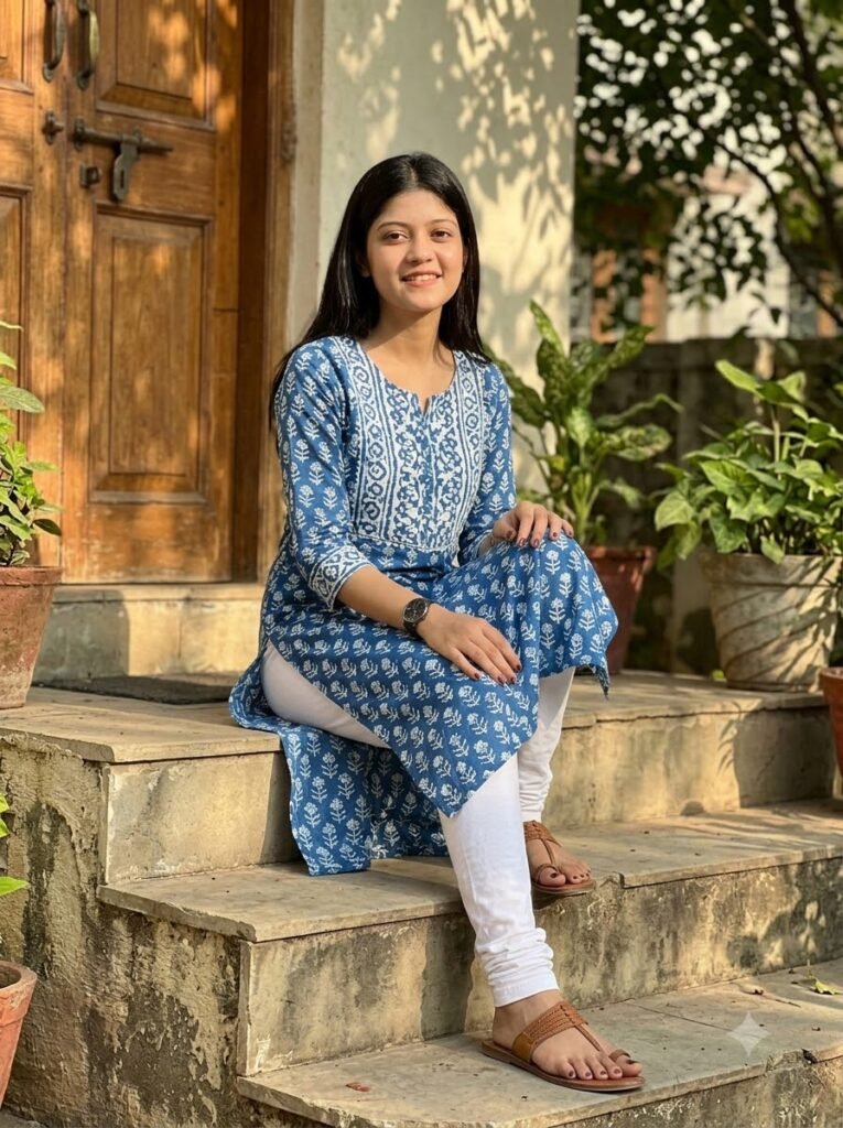 Woman in a cotton kurti sitting on outdoor steps in natural afternoon light