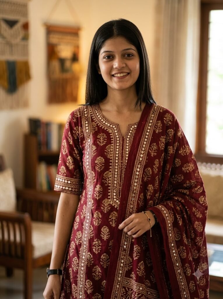 Woman smiling in a maroon block-print kurti with a mirror-work border
