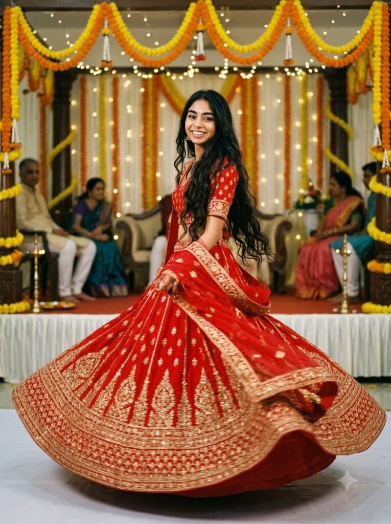 Gemini prompt generator example showing a woman spinning in a red lehenga with film grain