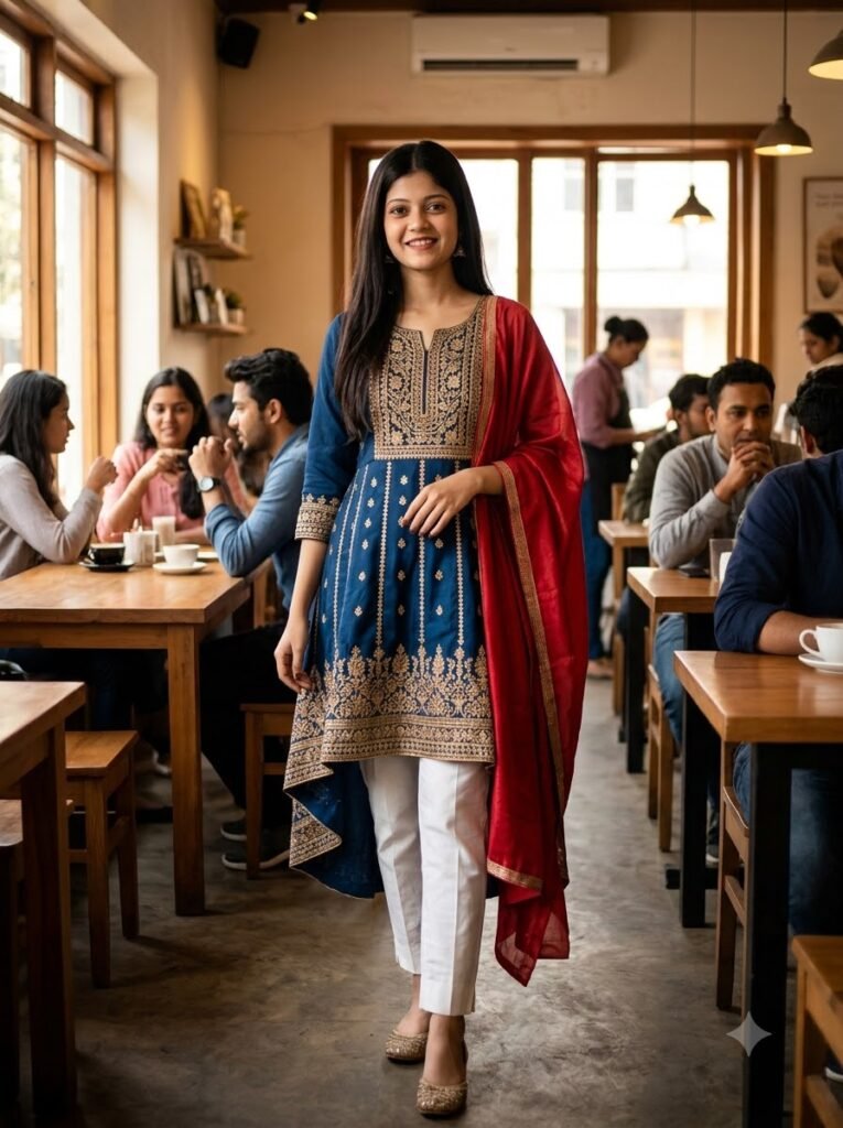 Woman in a high-low kurti with a contrast dupatta standing in a café