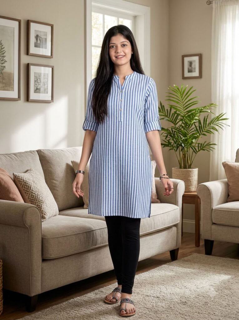 Woman at home wearing a striped casual kurti with leggings