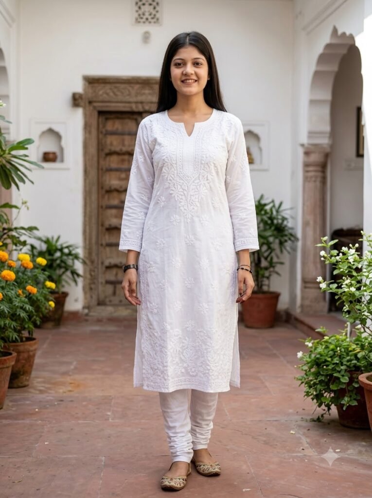 Woman standing in a courtyard wearing a straight-cut cotton kurti with chikankari embroidery
