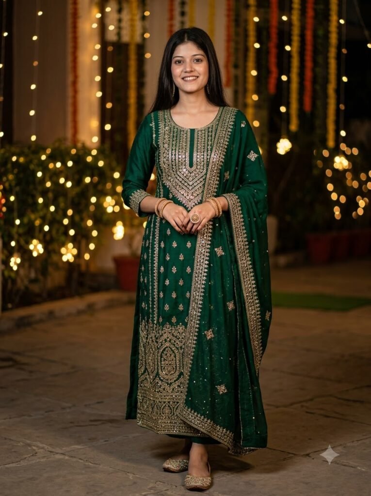 Woman wearing a heavily embroidered festive kurti in deep jewel tones