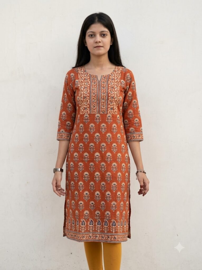 Woman wearing a rust-orange hand-block-print kurti with mustard leggings