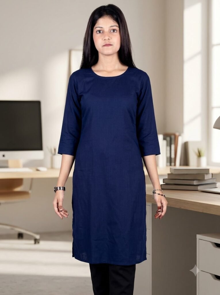 Woman in an office wearing a navy straight-cut kurti with black trousers