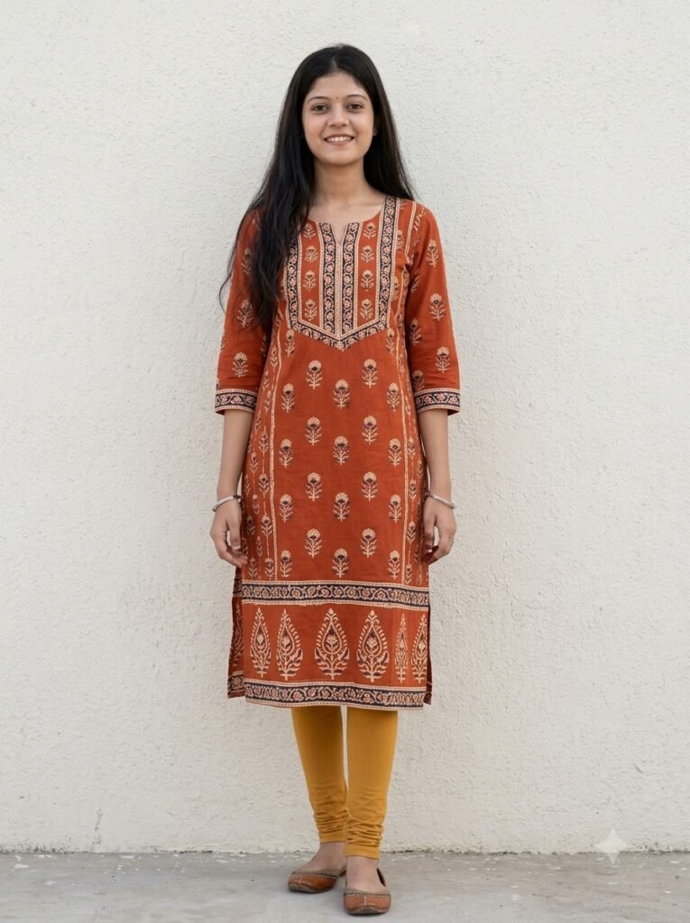 Woman standing in a rust-orange kurti with hand-block printing