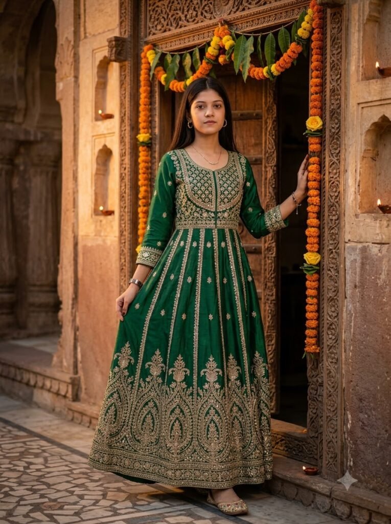 Woman near a decorated doorway wearing a floor-length embroidered Anarkali-style kurti