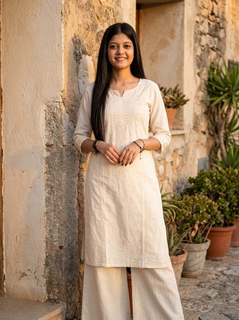 Woman wearing a kurti and palazzo set beside a rustic wall at golden hour