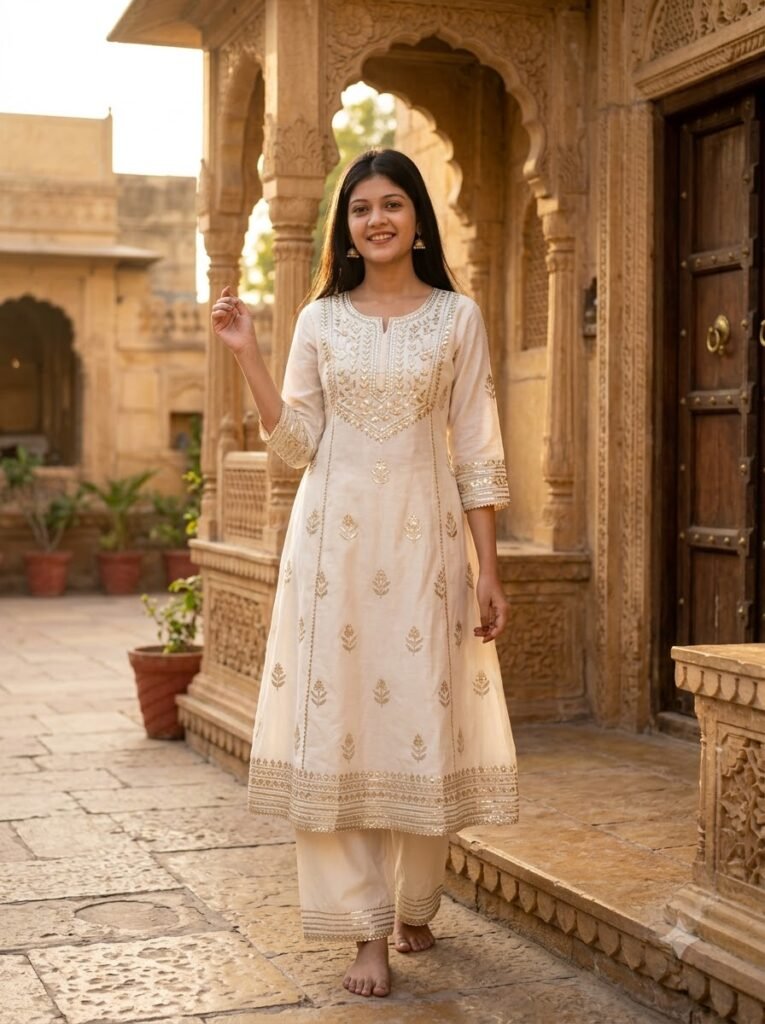Woman near a traditional archway wearing an A-line kurti with gota-patti embroidery and palazzo pants