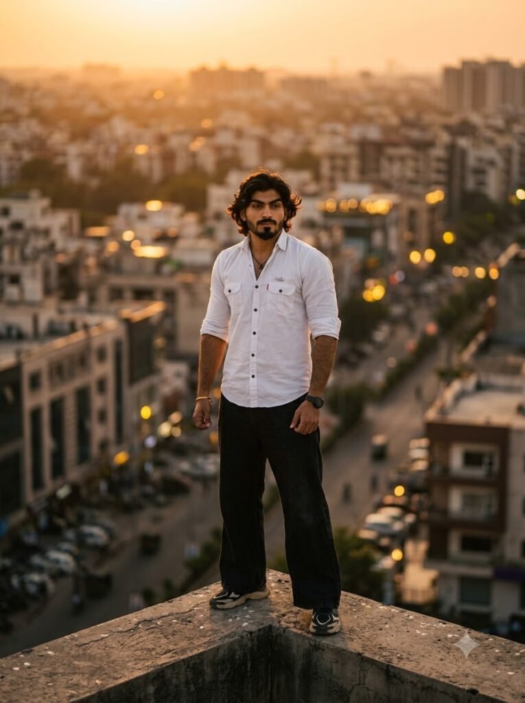 Gemini prompt generator example showing a cinematic rooftop sunset portrait