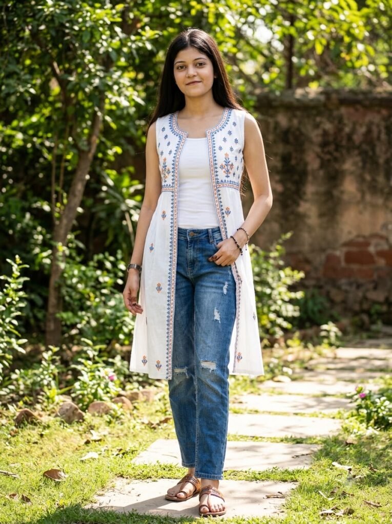 Woman outdoors wearing a sleeveless kurti layered over a fitted top with denim