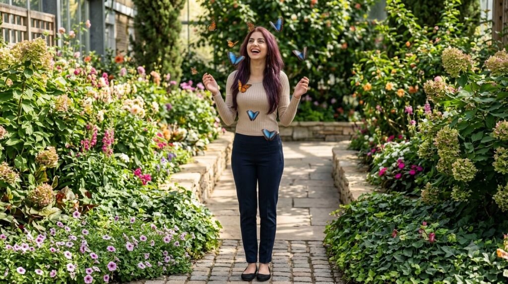 Woman standing in a flower garden with several real butterflies flying around her