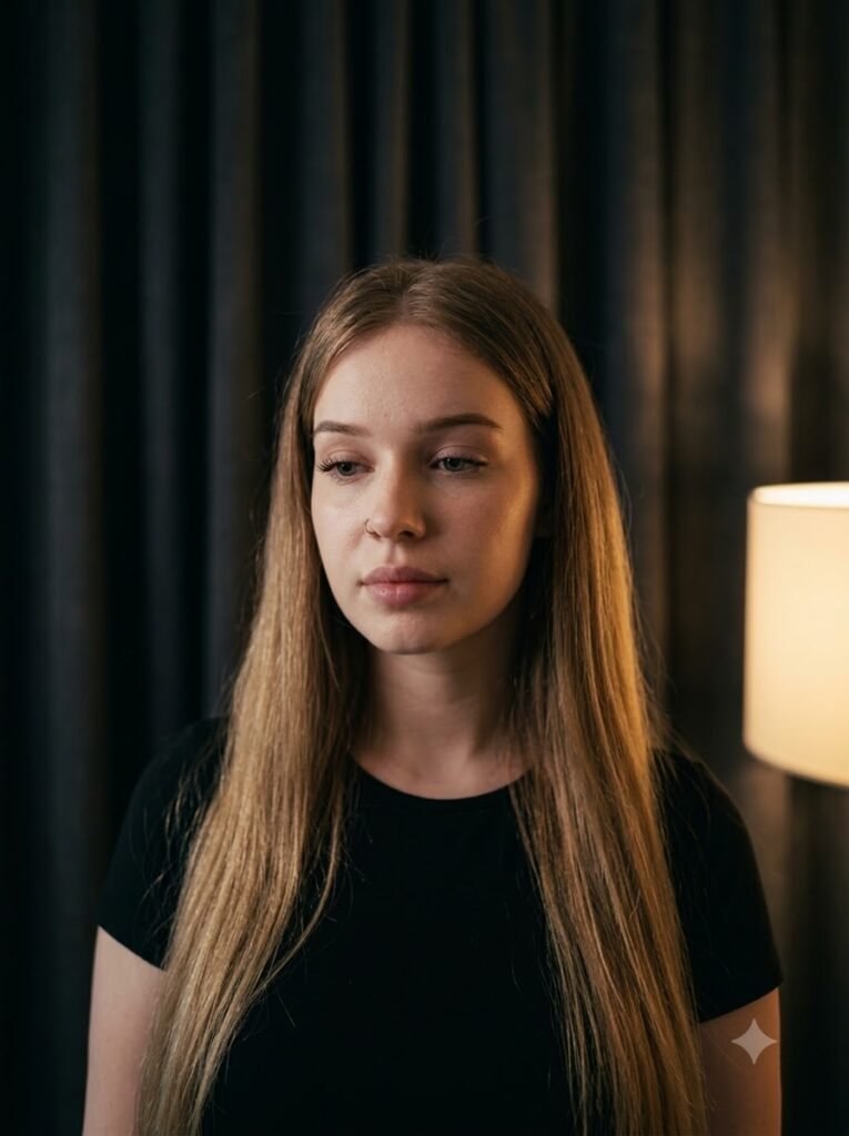 Woman standing before a dark curtain in soft cinematic light